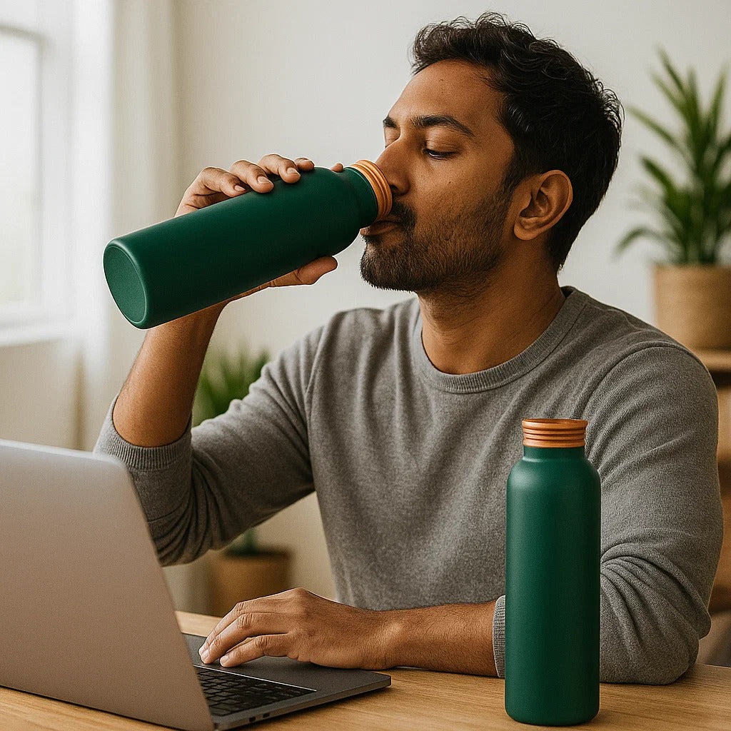 Man drinking from a green water bottle while using a laptop indoors.